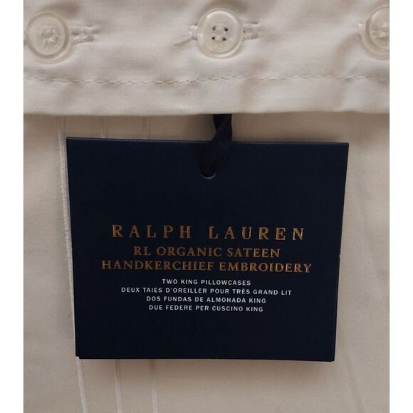 Ralph Lauren Organic Sateen HANDKERCHIEF EMROIDERY King Pillowcases Studio White - Picture 5 of 8